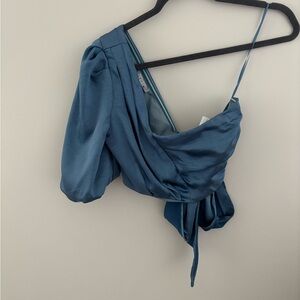 Elegant Blue Satin Wrap Top and Skirt Set